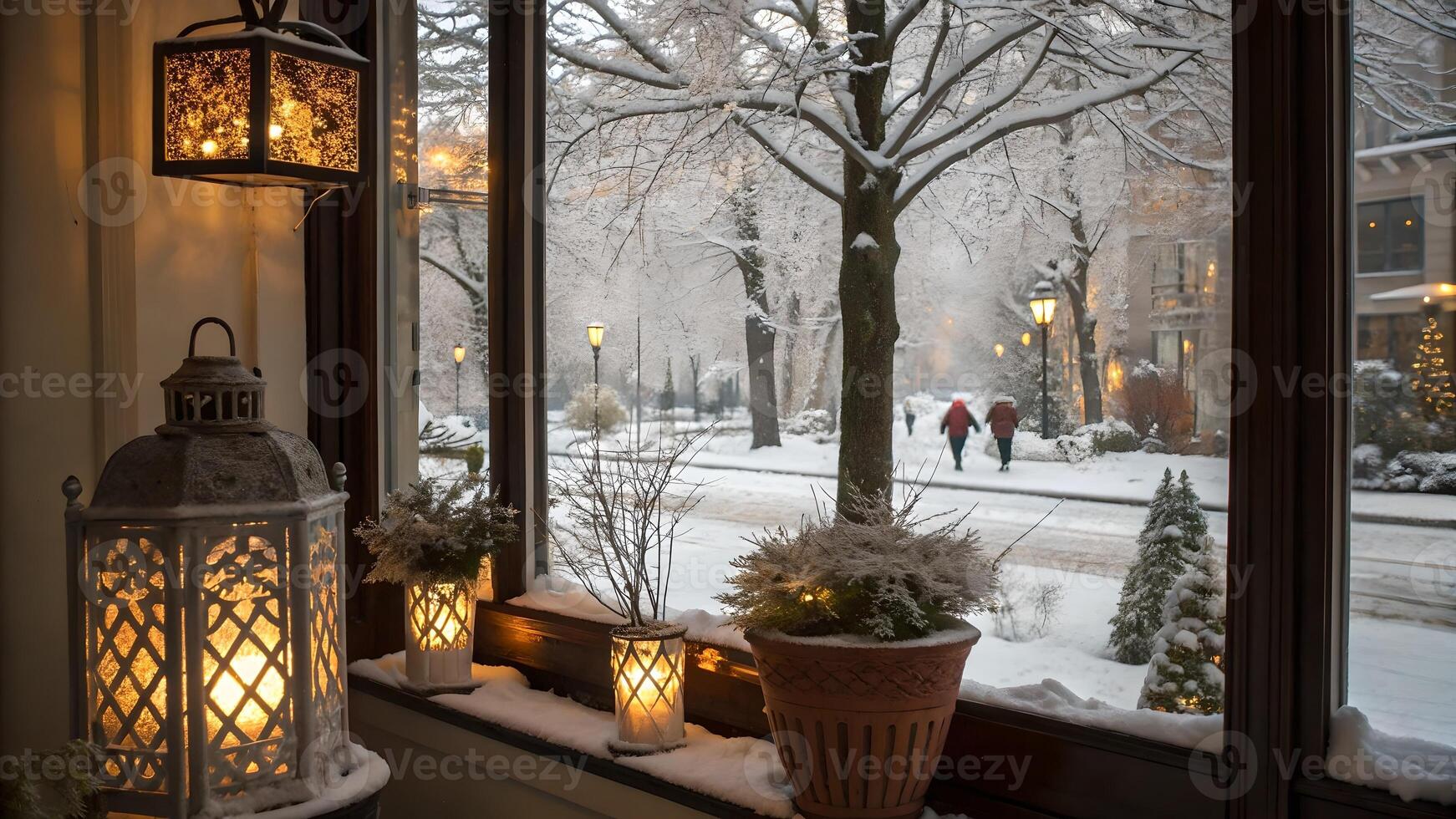 Cozy Winter Window Scene with Glowing Lanterns and Snow photo