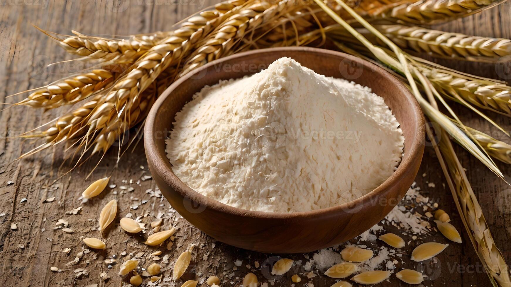 Freshly Milled Wheat Flour in Wooden Bowl with Wheat Stalks photo