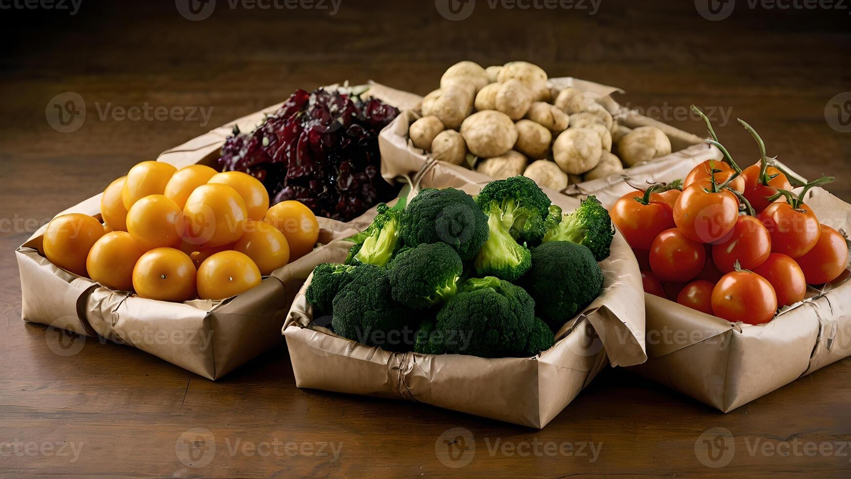 Assorted Fresh Produce in Rustic Paper Boxes photo