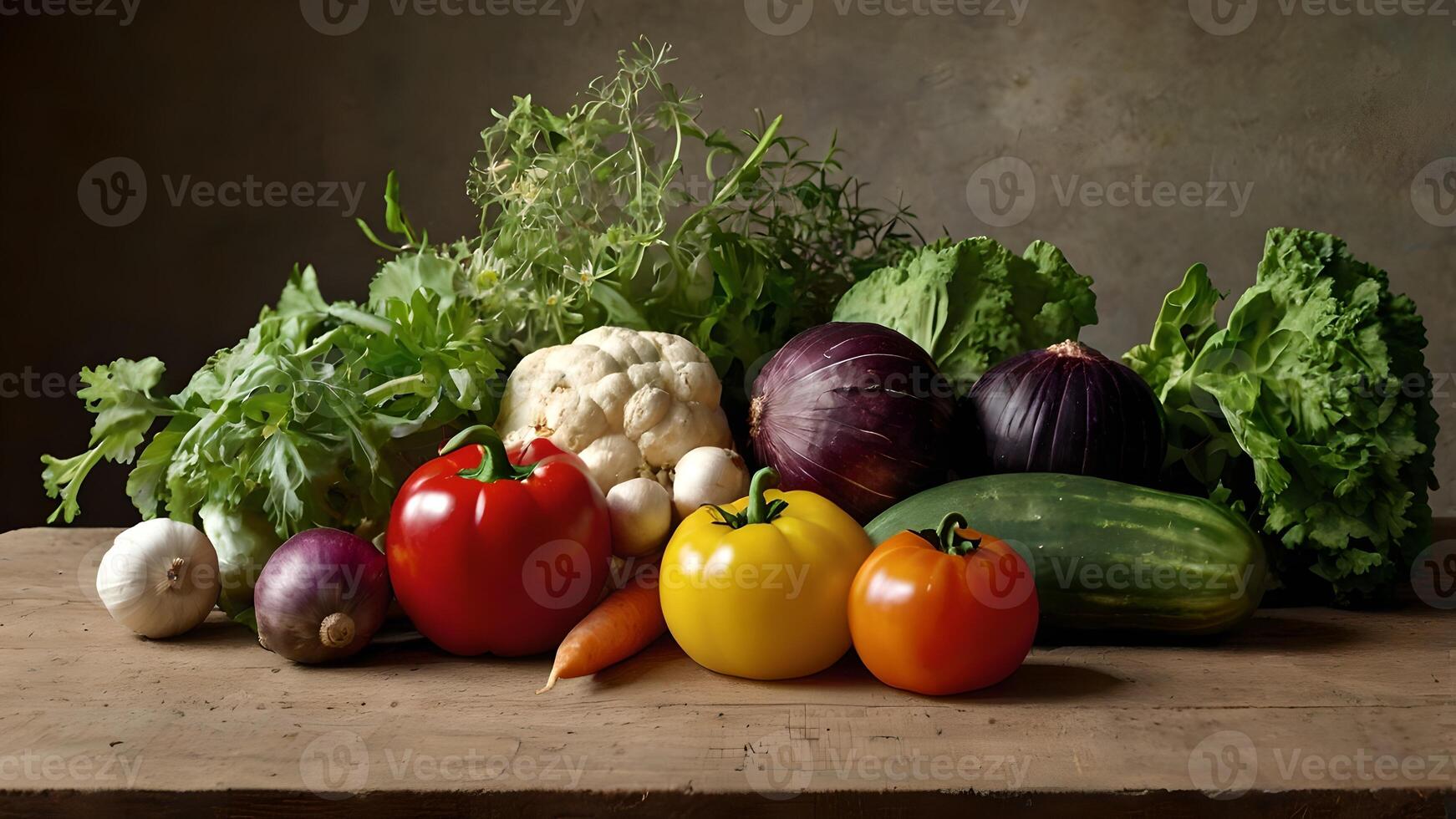Rustic Still Life of Fresh Vegetables and Herbs photo