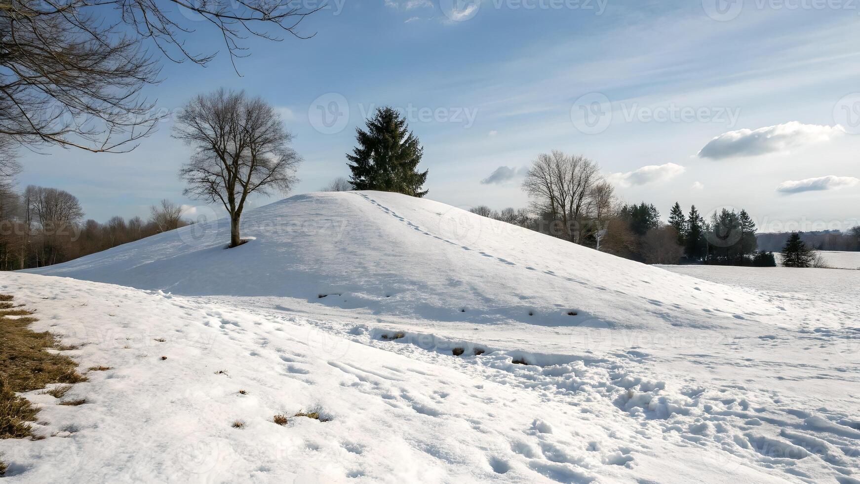 Snowy Hill Landscape with Footprints Winter Scene photo