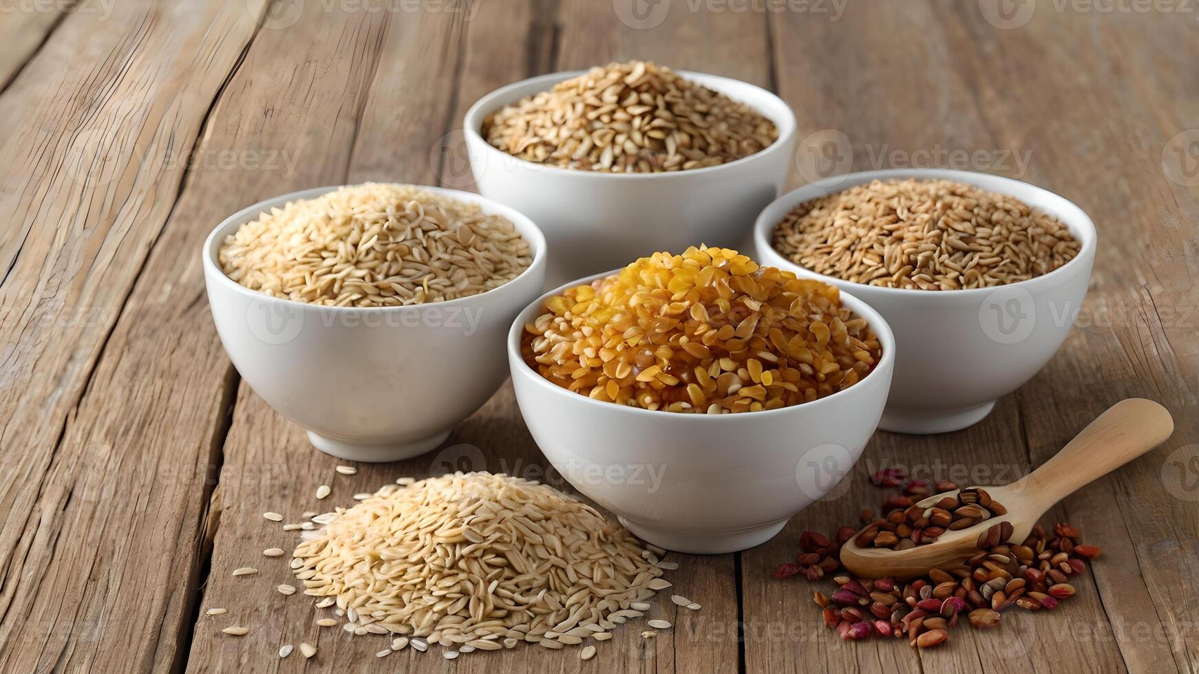 Variety of Grains in Bowls on Wooden Table photo