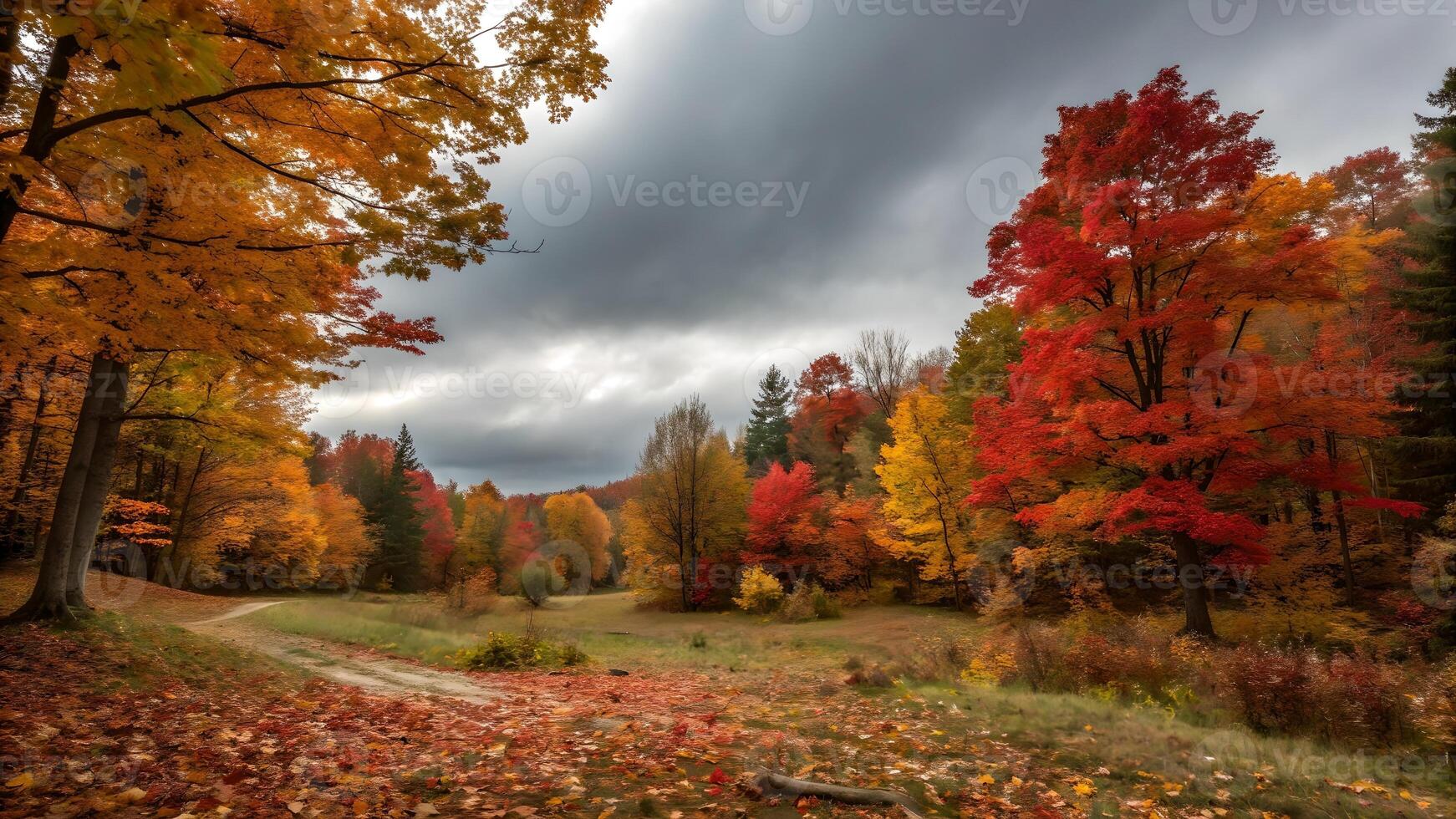 Autumnal Forest Path Under a Cloudy Sky photo
