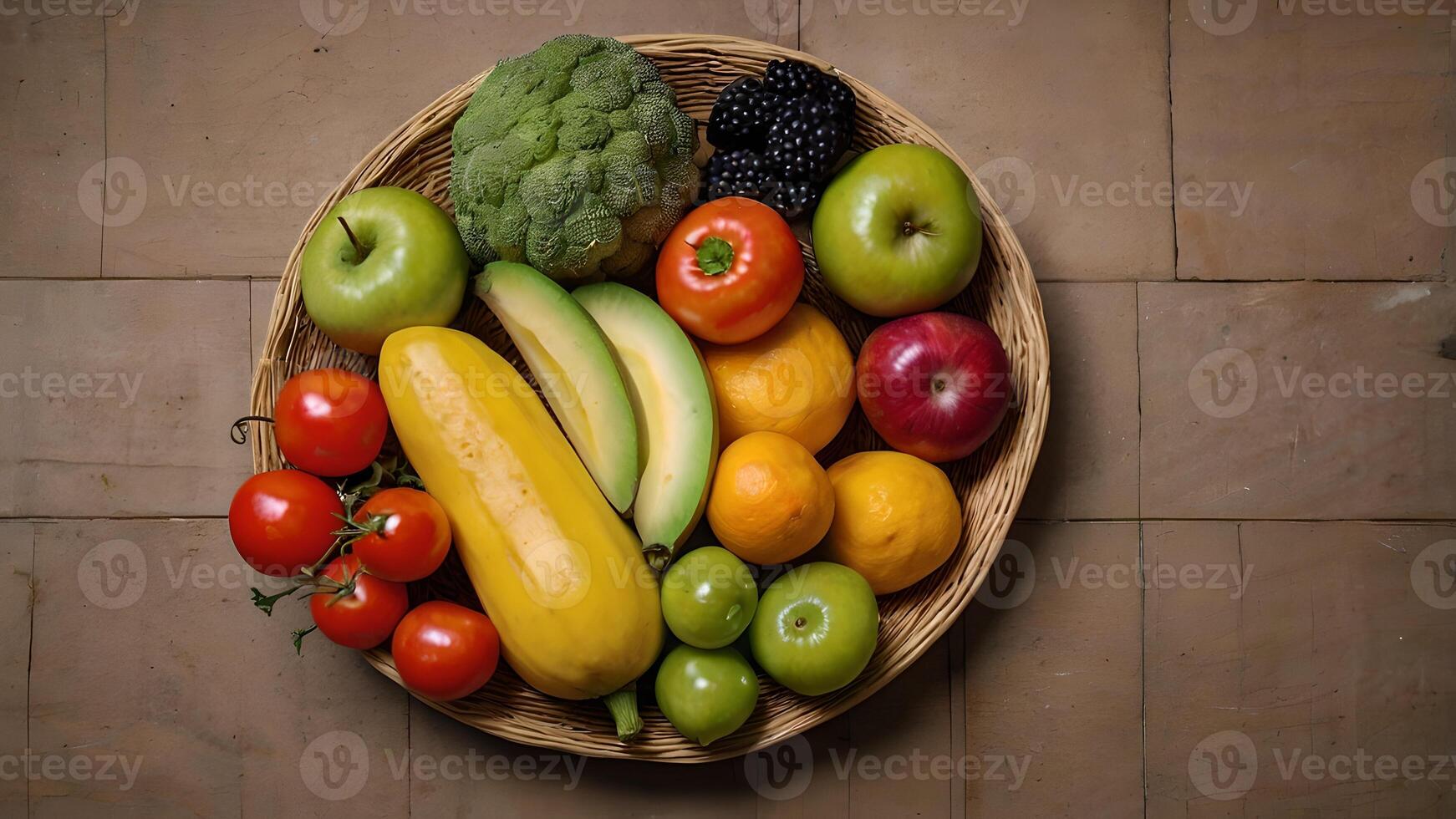 Vibrant Fruit and Vegetable Basket on Rustic Background photo