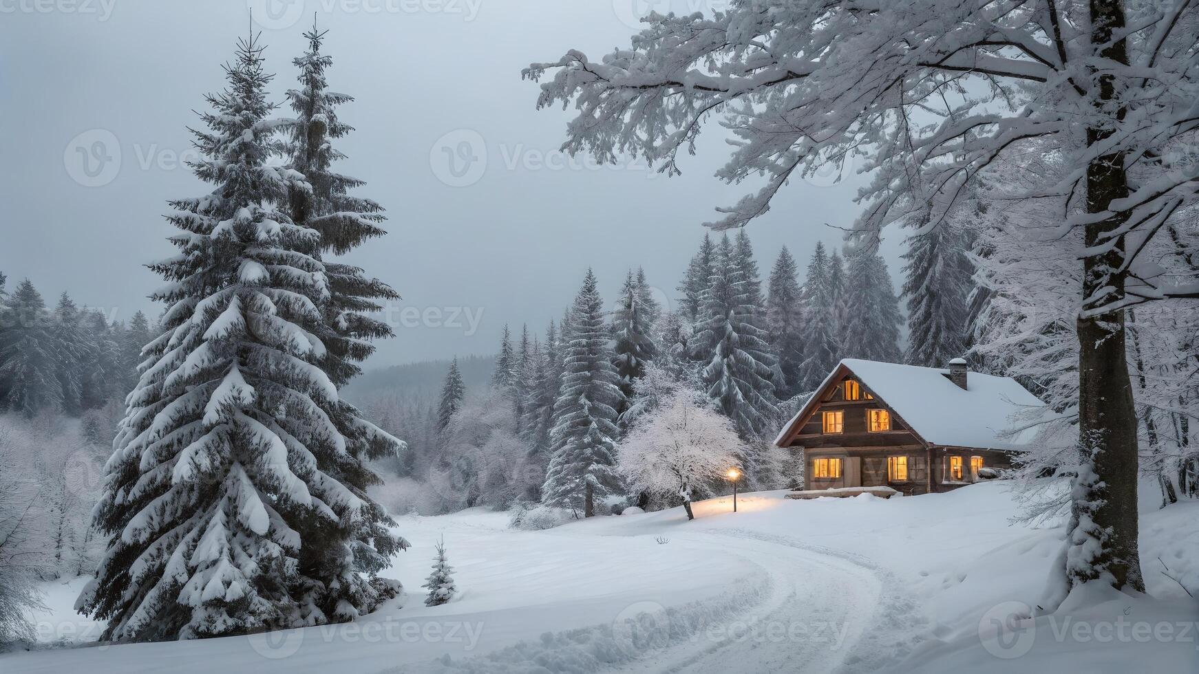 Cozy Cabin in a Snowy Winter Forest photo