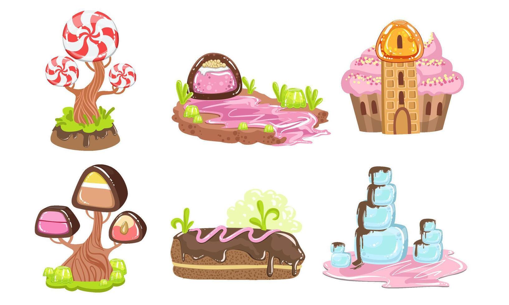 Candy Land Set, Sweet Fantasy Landscape Elements, House, Trees, River, Computer or Mobile Game Assets Illustration vector