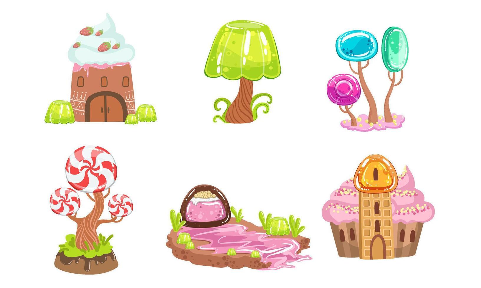 Candy Land Set, Sweet Fantasy Landscape Elements, House, Trees, Plants, Computer or Mobile Game Assets Illustration vector