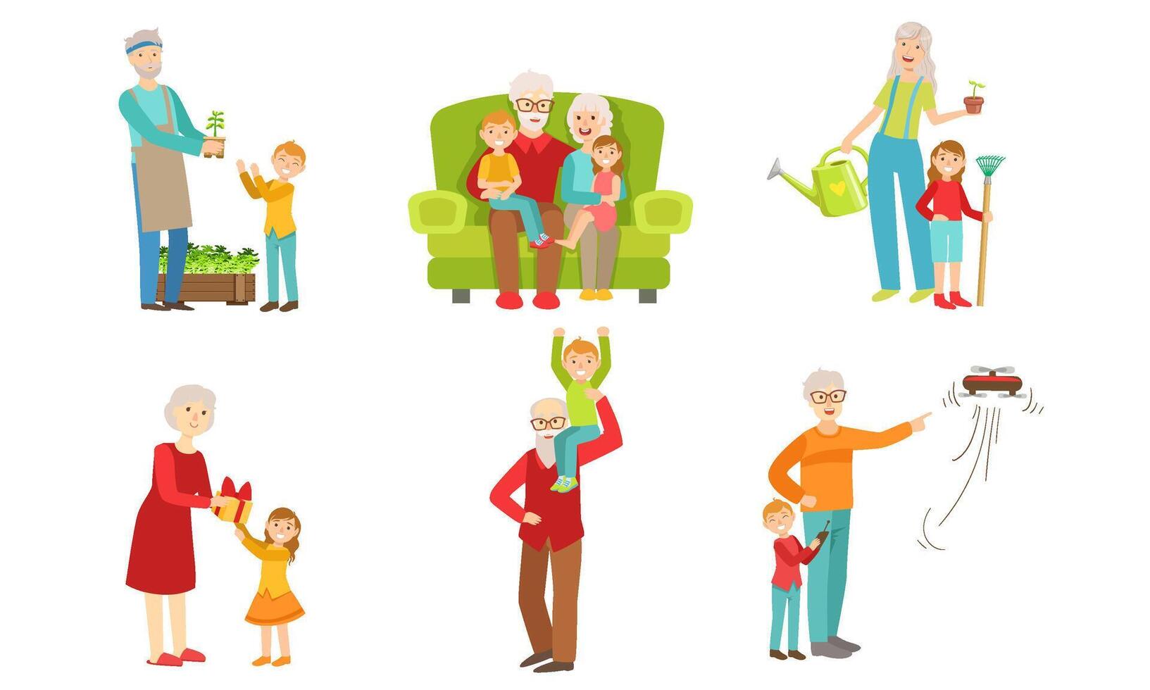 Grandparents Spending Time with Grandchildren Set, Grandfather and Grandmother Playing, Working in the Garden,Having Fun with their Grandsons and Granddaughters Illustration vector