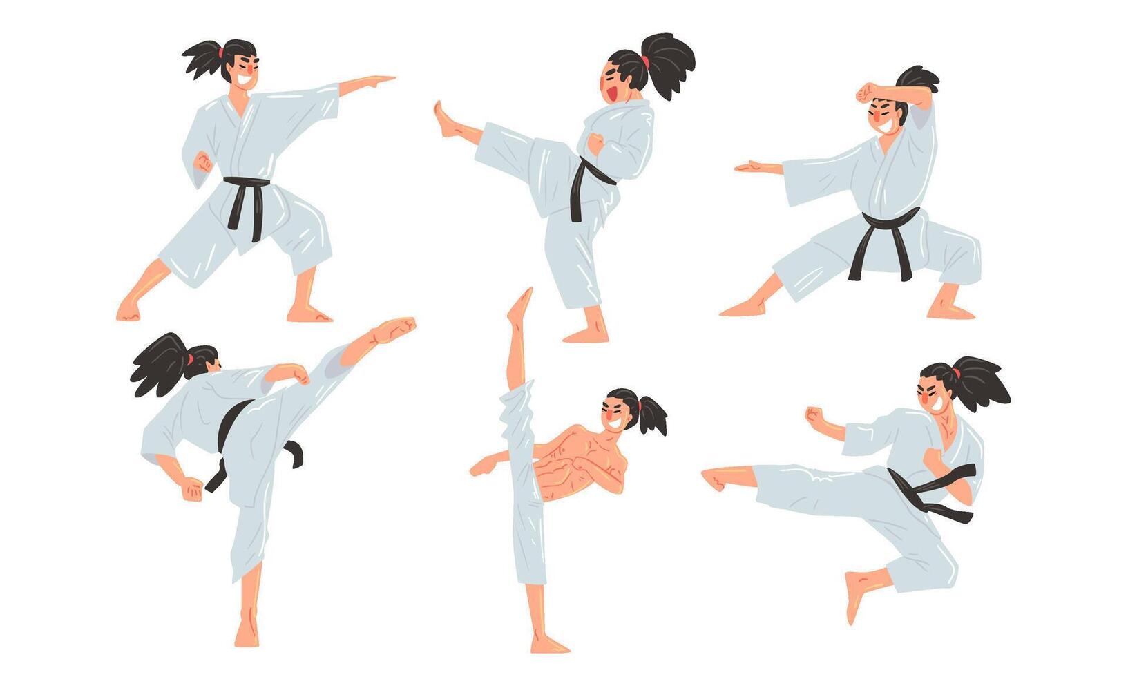 Male Karate Fighter in White Kimono Practicing Martial Art Set, Man Doing Karate Illustration vector