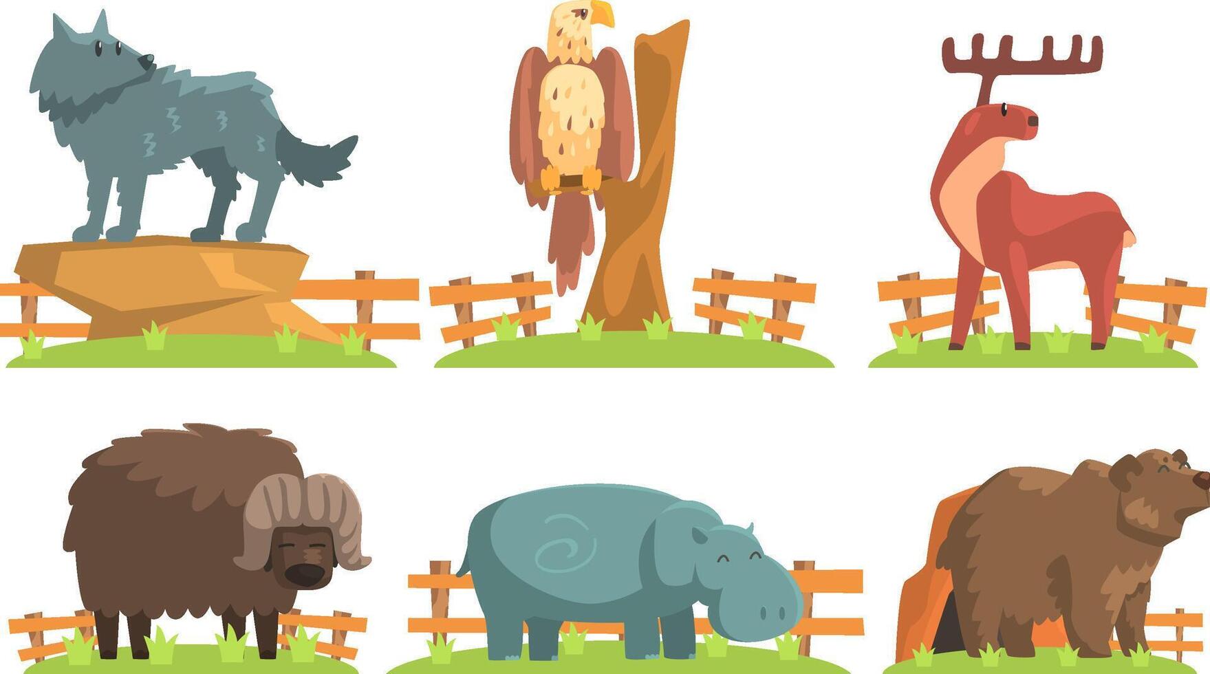 Animals in the Zoo Set, Hippo, Eagle, Bear, Bison, Wolf, Deer Illustration vector