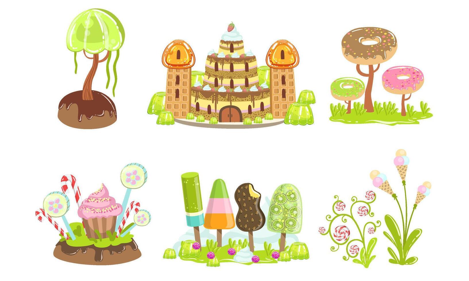 Candy Land Set, Sweet Fantasy Landscape Elements, Castle, Trees and Plants, Computer or Mobile Game Assets Illustration vector