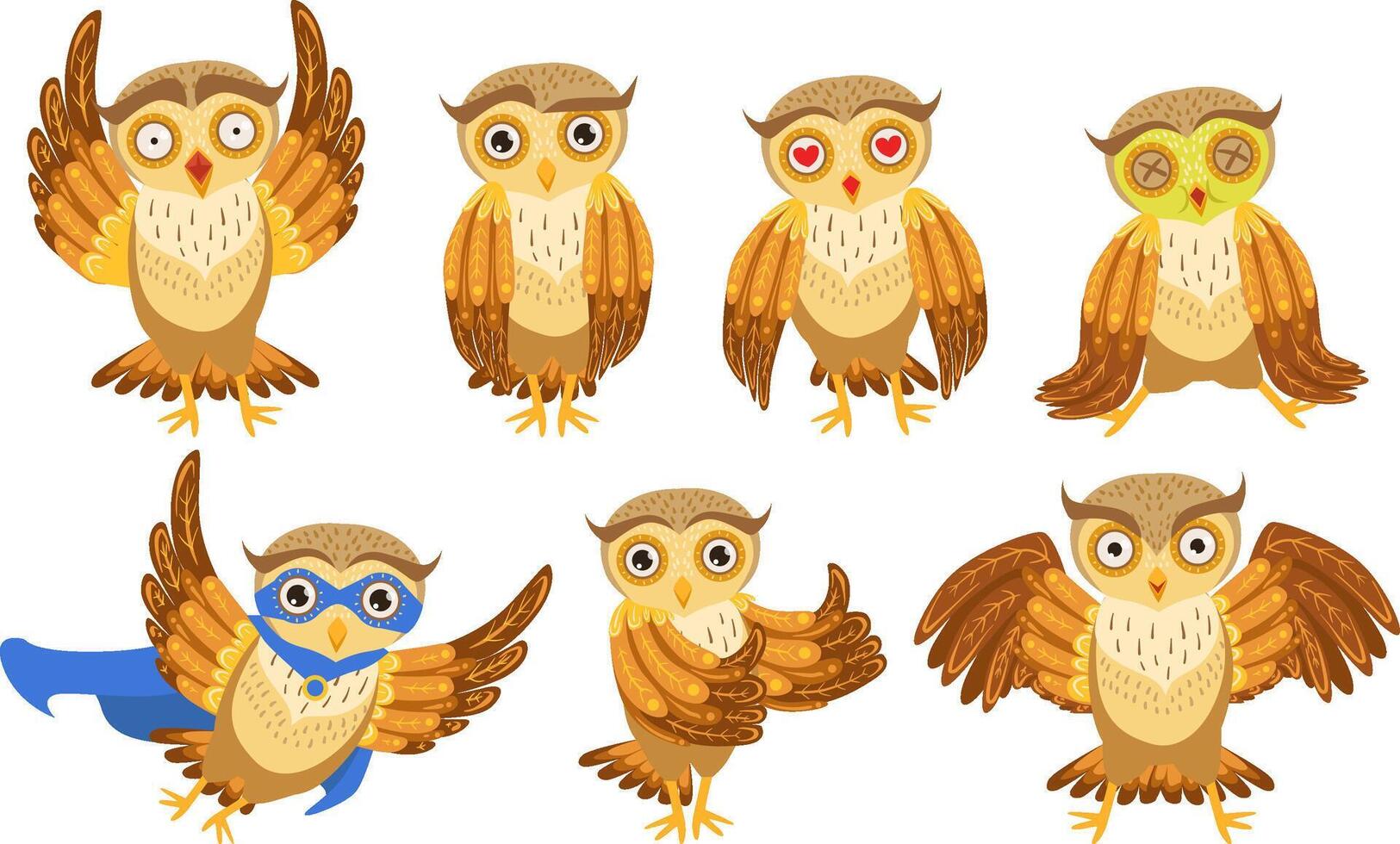 Cute Owl Cartoon Characters Set, Adorable Funny Brown Owlets in Different Poses Illustration vector