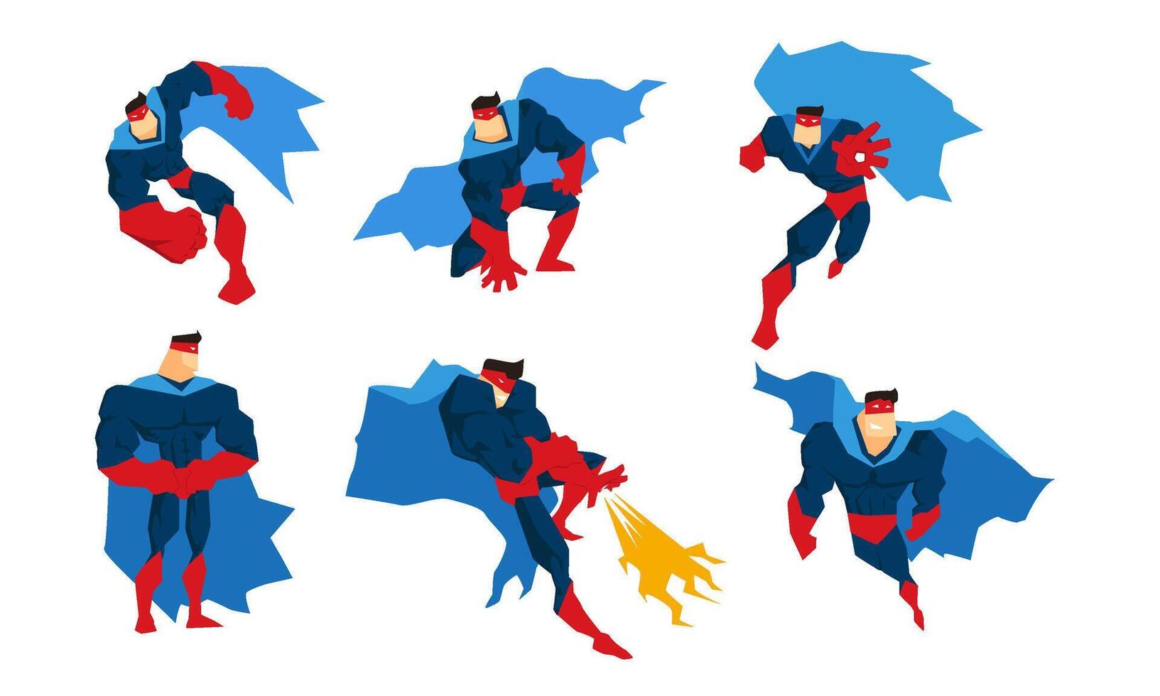Character Set, Comic Muscular Superhero in Different Action Poses Illustration vector