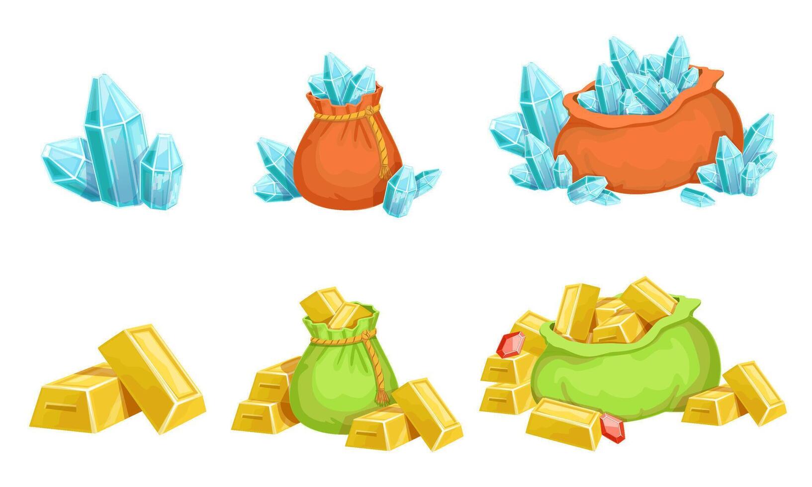 Bags with Crystals and Gold Bars, Precious Treasures, Game User Interface Assets Illustration vector