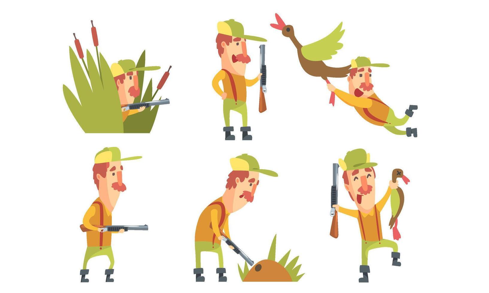 Collection of Funny Hunter Character with Gun in Different Situations Cartoon Illustration vector
