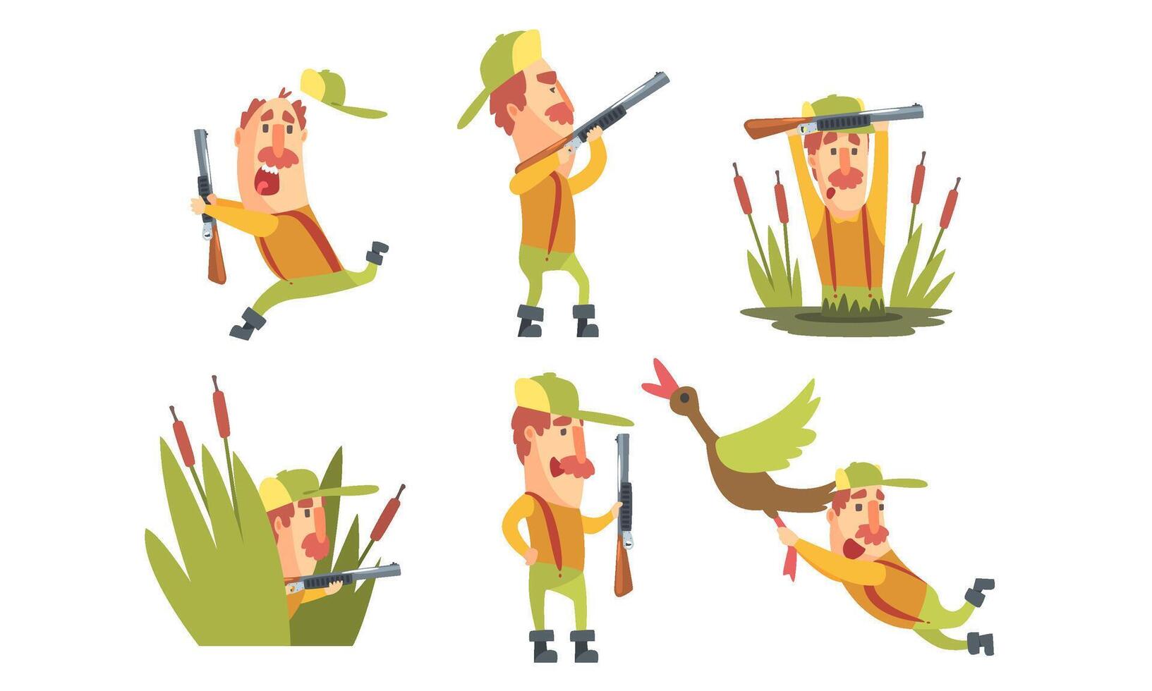 Collection of Funny Hunter Cartoon Character in Different Situations Illustration vector