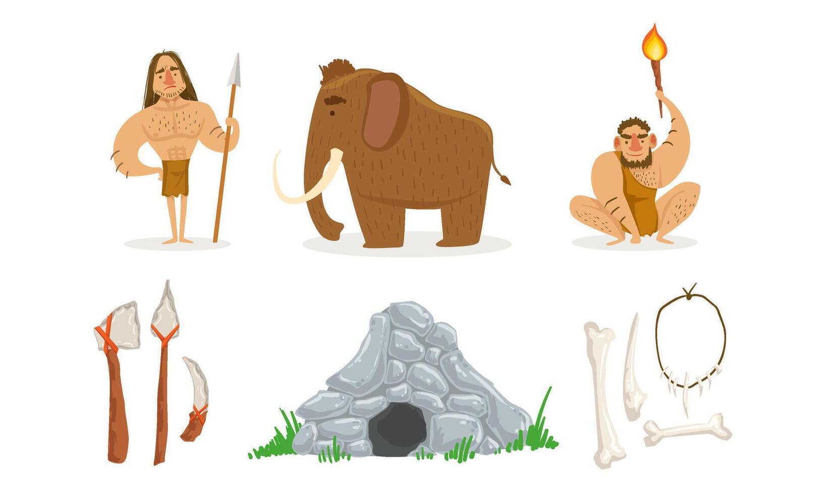 Prehistoric Stone Age Set, Primitive People, Mammoth, Weapon, Stone Cave Illustration vector