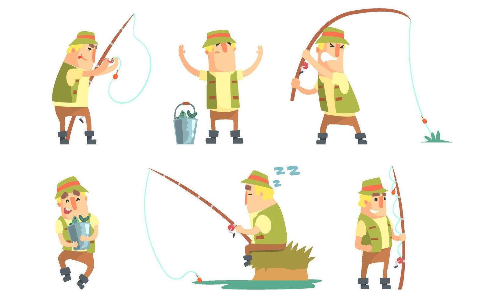 Fisherman Catching Fish with Fishing Rod Set, Funny Fisher Cartoon Character Having Active Leisure on Nature Illustration vector