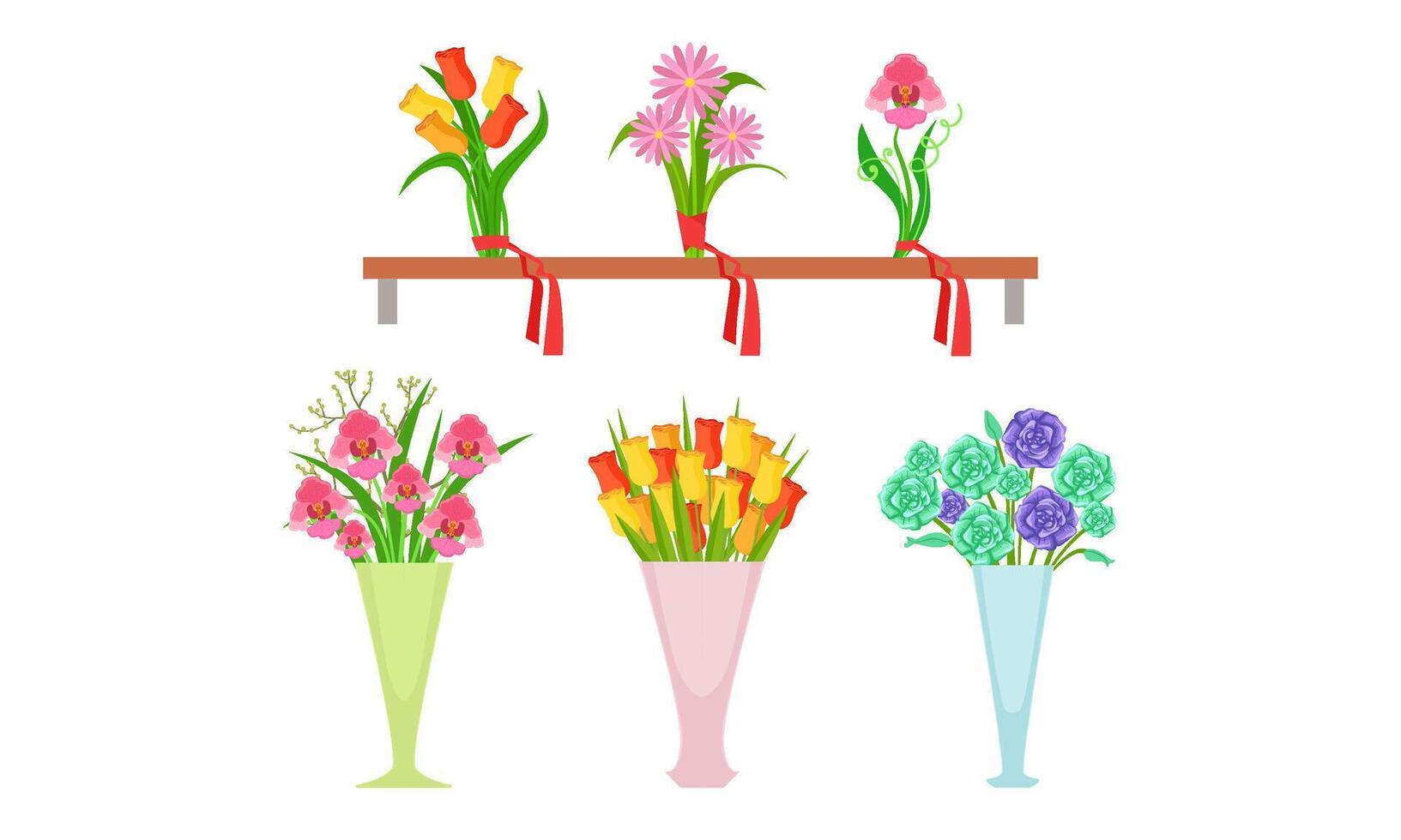 Collection of Beautiful Bouquets on Wooden Shelf and Vases, Flower, Florist Shop Design Element Illustration vector
