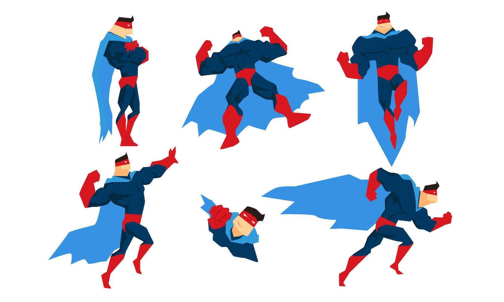 Strong Superman Character Set, Comic Superhero in Blue Cape in Different Action Poses Illustration vector