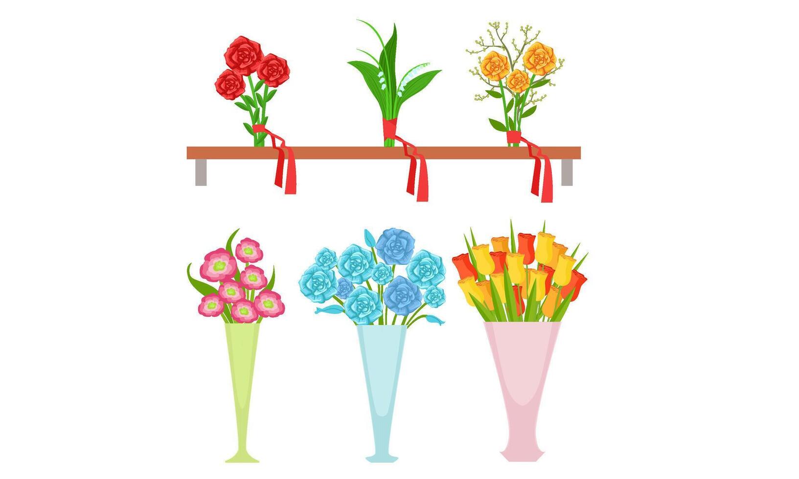Collection of Beautiful Bouquets on Wooden Shelf and Vases, Flower Shop Design Element Illustration vector