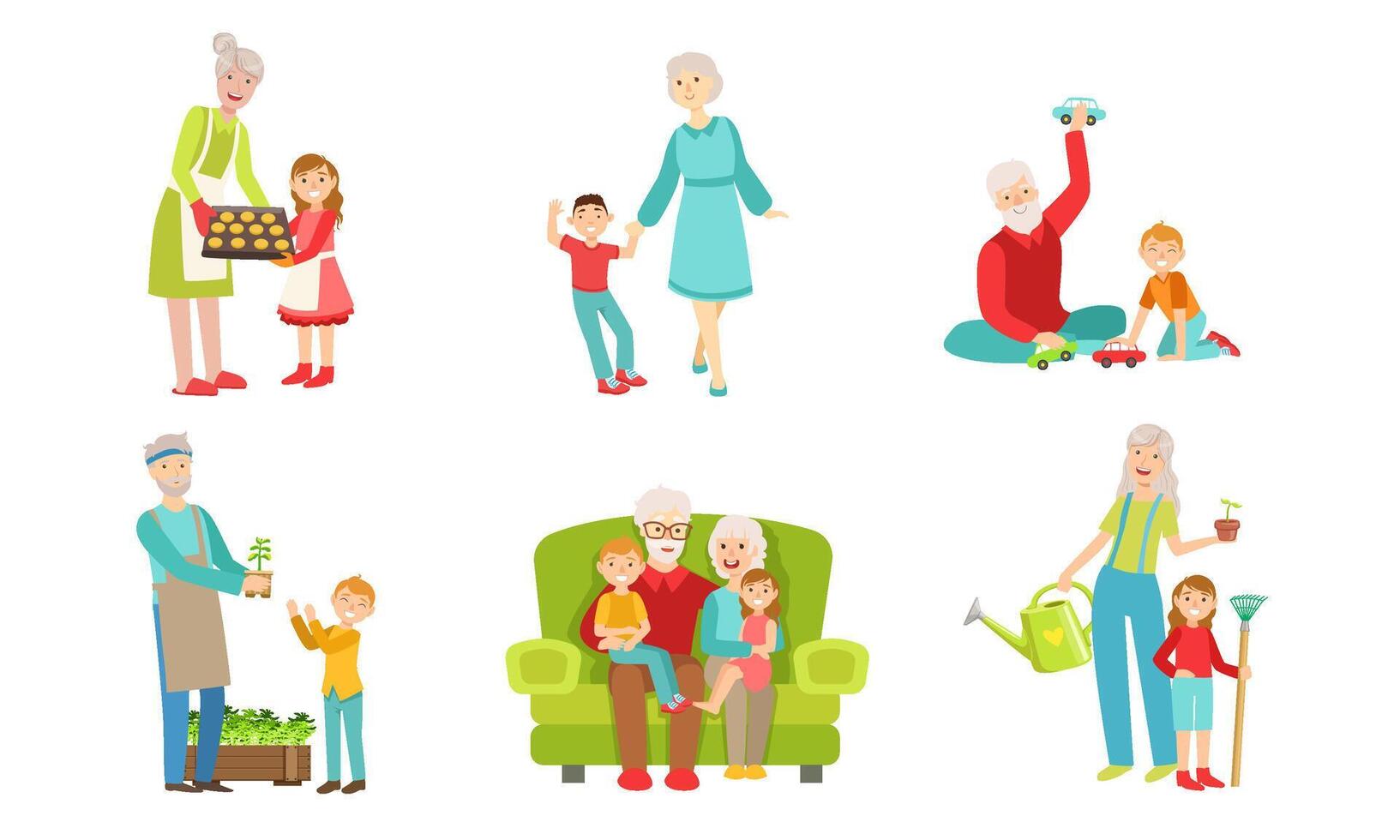 Grandparents Spending Time with Grandchildren Set, Grandfather and Grandmother Playing, Walking, Working in the Garden with their Grandsons and Granddaughters Illustration vector
