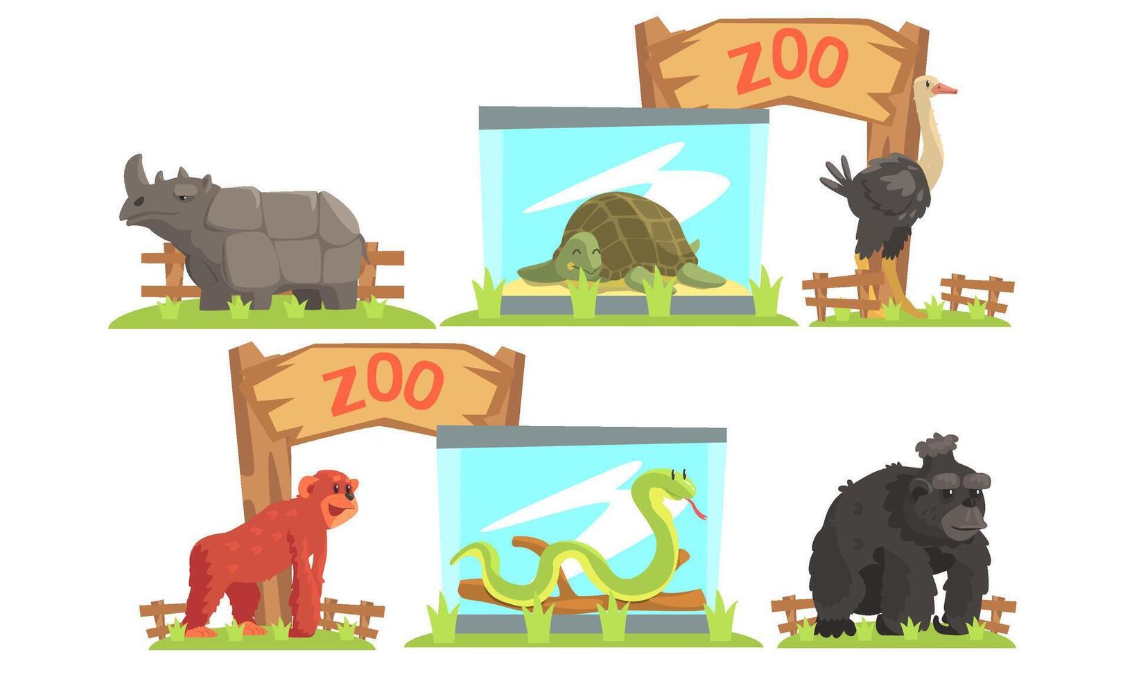 Animals in the Zoo Set, Rhino, Turtle, Ostrich, Monkey, Snake, Gorilla Illustration vector