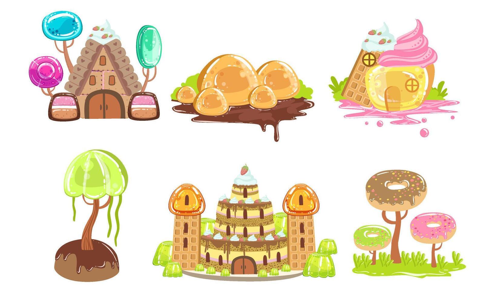 Candy Land Set, Sweet Fantasy Landscape Elements, Castle, House, Trees and Plants, Computer or Mobile Game Assets Illustration vector