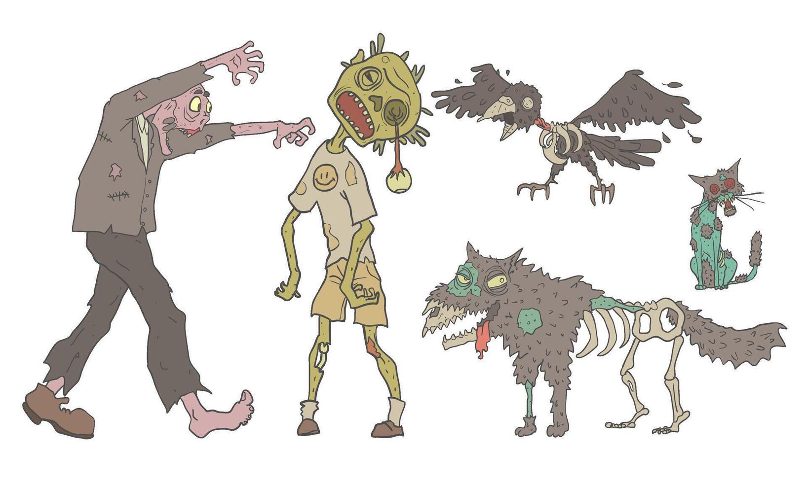 Zombies Set, Decaying Undead People and Animals, Zombie Apocalypse Illustration vector