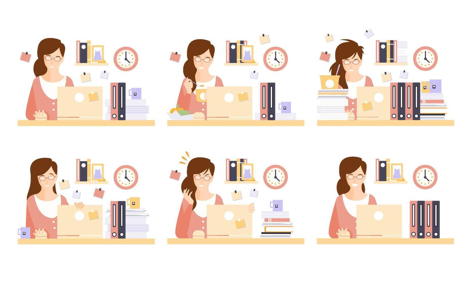 Businesswoman in Workplace Set, Female Office Employee Character Working Day Illustration vector