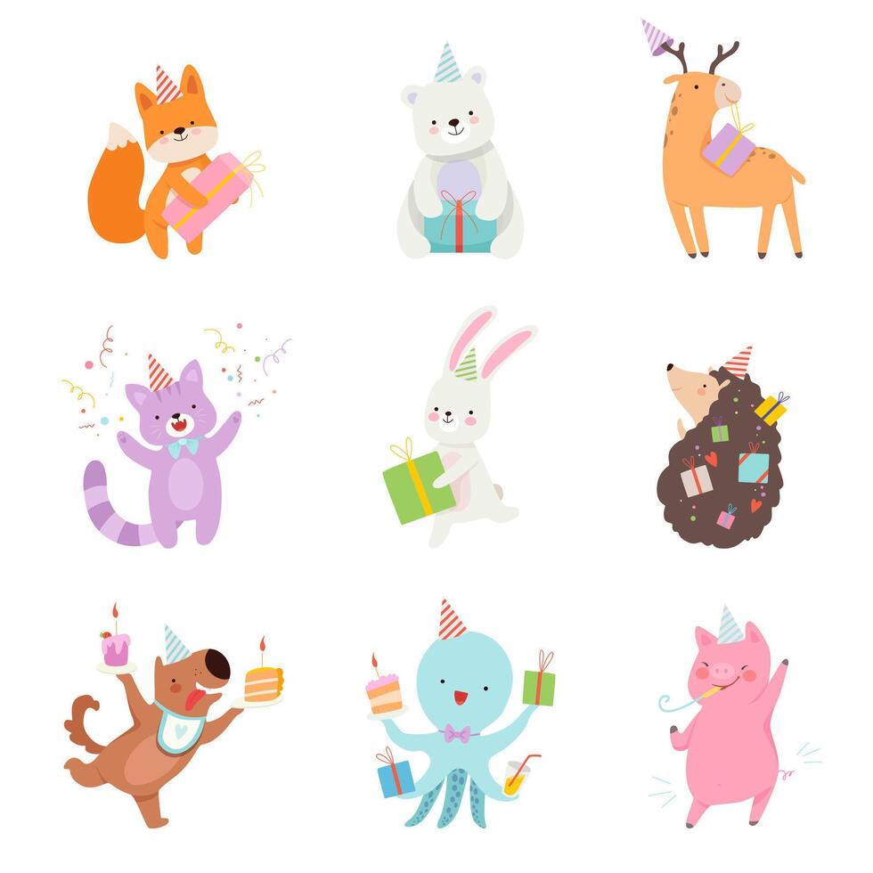 Set of cartoon animals with gifts. illustration on a white background. vector
