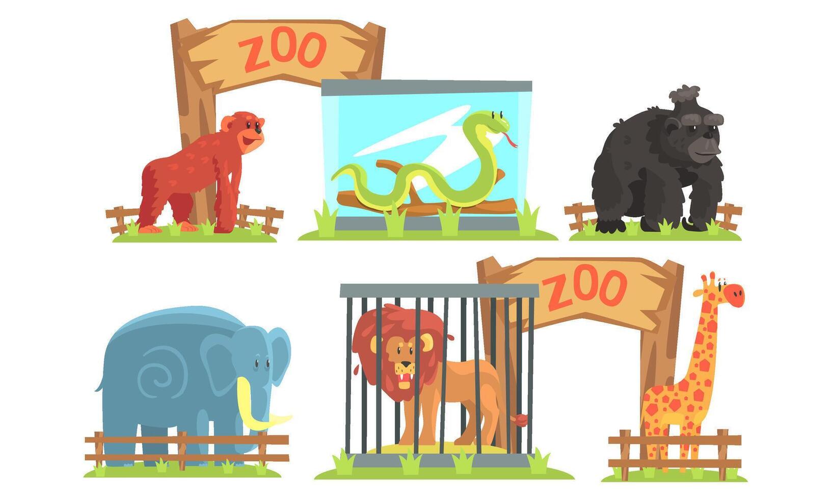 Animals in the Zoo Set, Monkey, Snake, Gorilla, Elephant, Lion, Giraffe Illustration vector