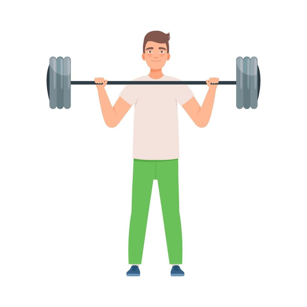 Brunette man with a barbell. illustration. vector