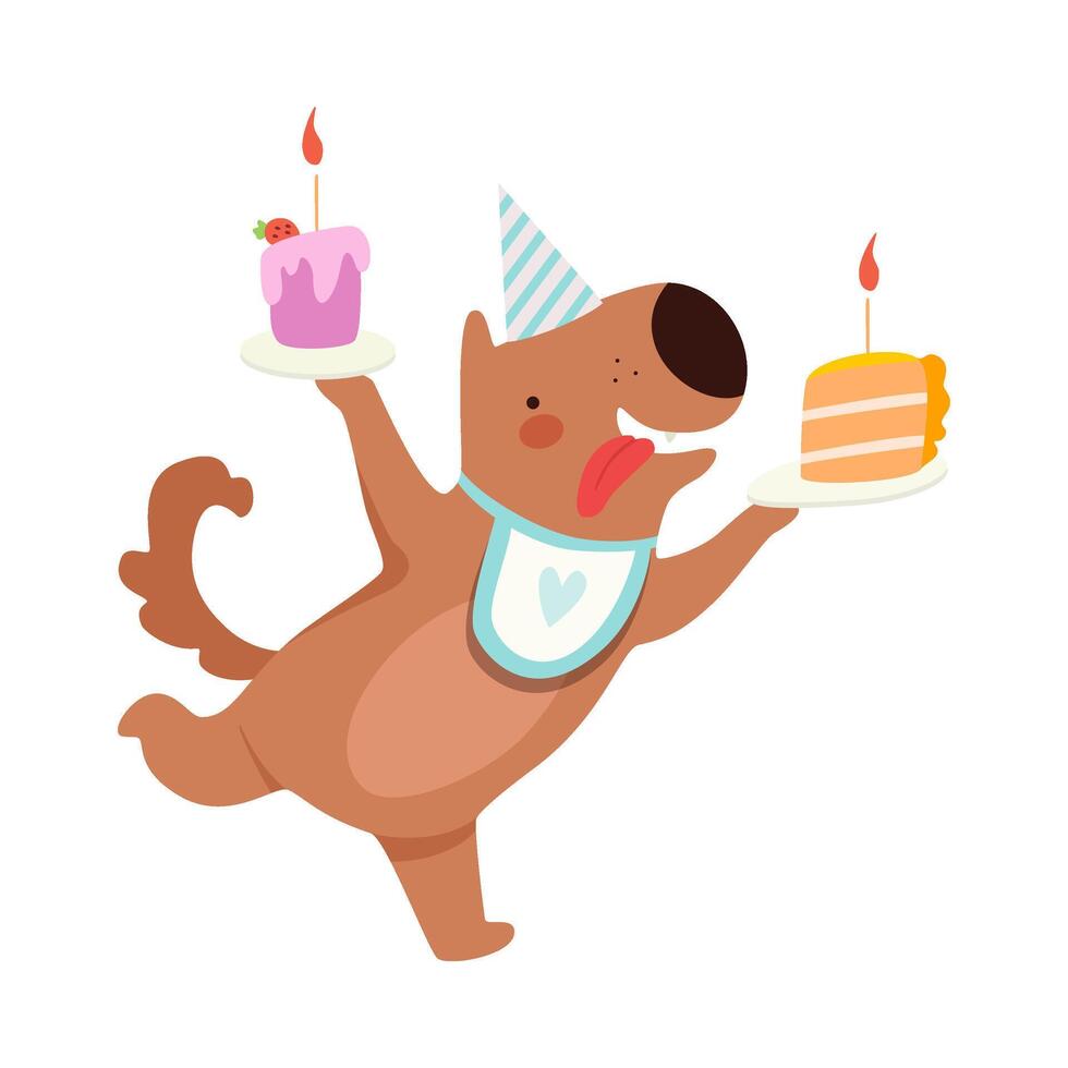 Cartoon dog with two pieces of cake. illustration on a white background. vector