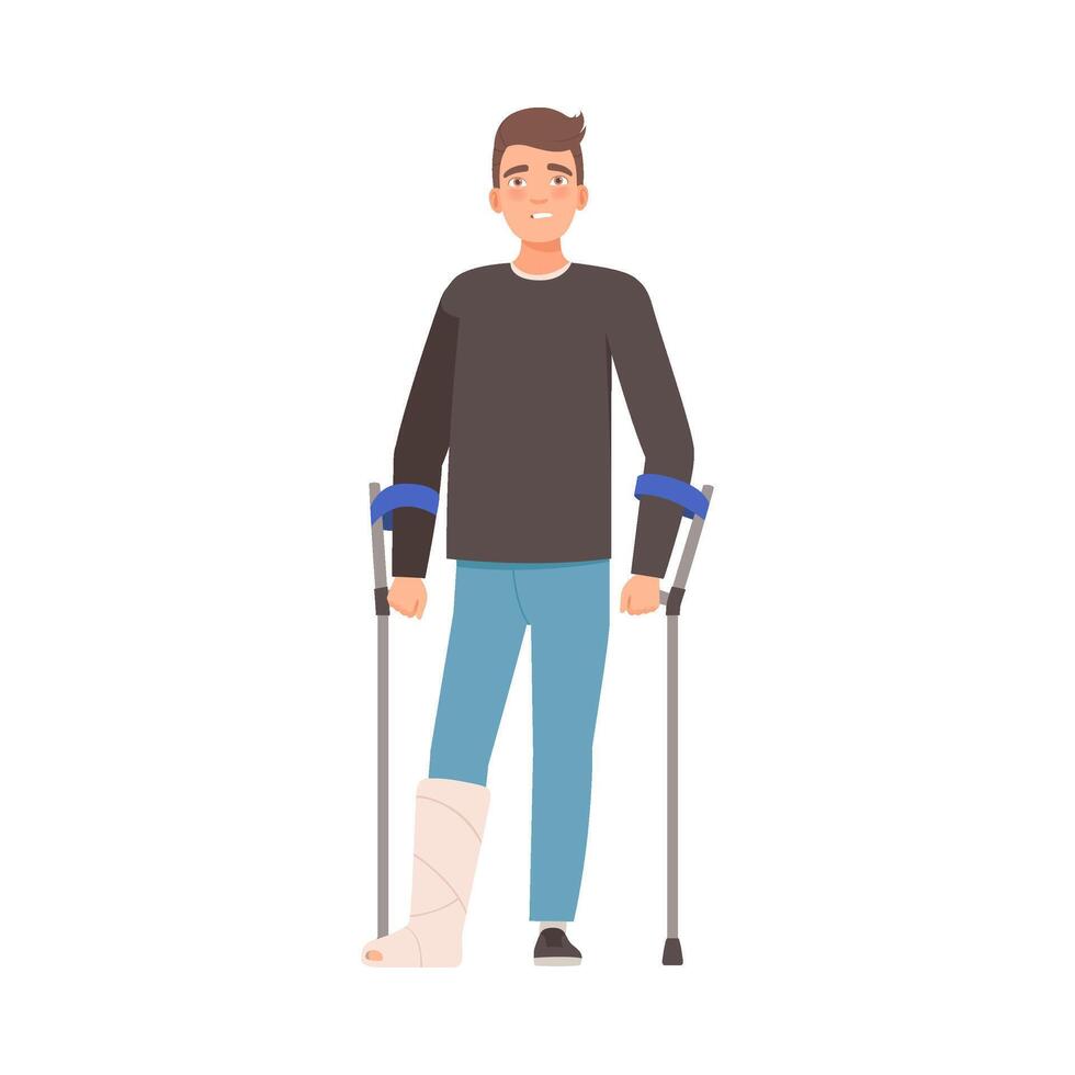 Brunette man with crutches and plaster on his leg. illustration. vector