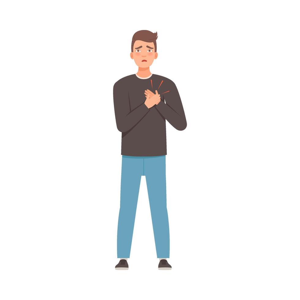Brunette man holds on to a place in the heart. illustration. vector