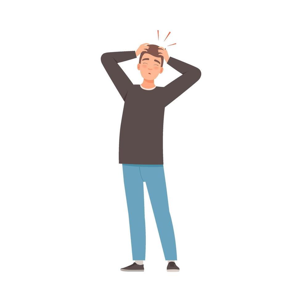 Brunette man holds on to a sore head. illustration. vector