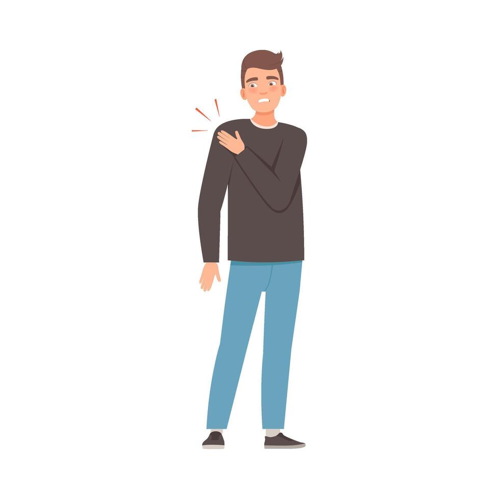 Brunette man holds on to a sore shoulder. illustration. vector