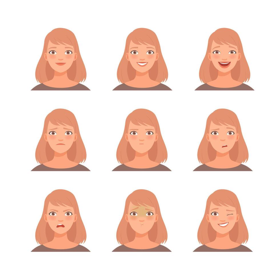 Set expressions female face. illustration in cartoon style. vector