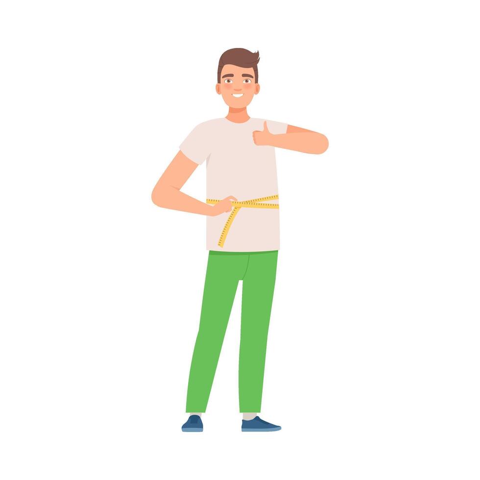 Brunette man measures the waist. illustration. vector