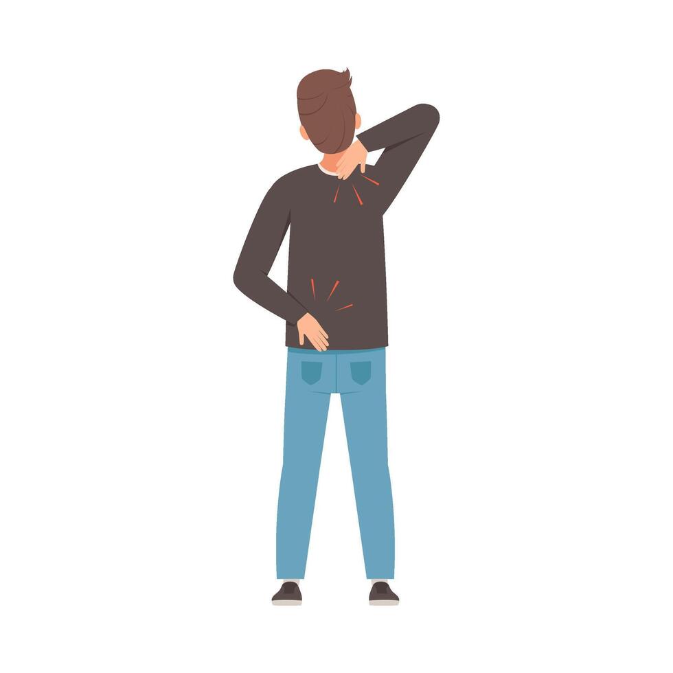 Man holds on to a sore neck and lower back. illustration. vector