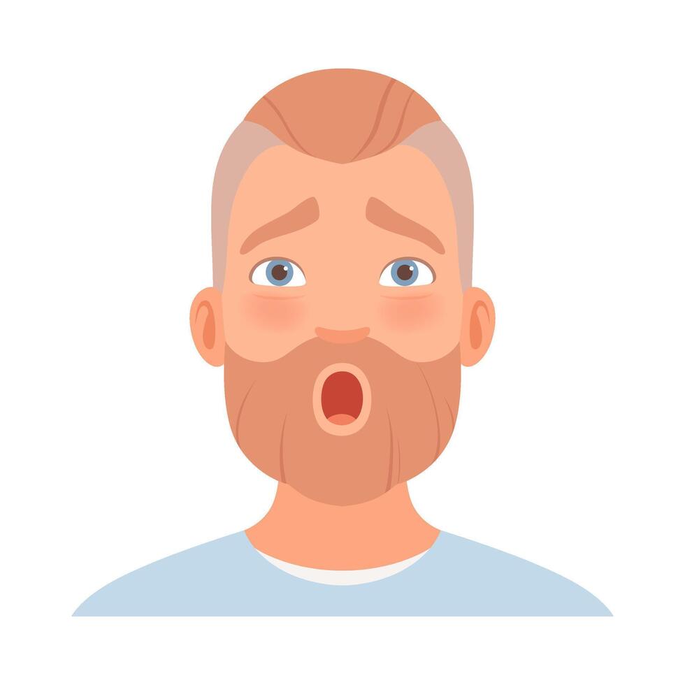 Surprise on the face of a man with a beard. illustration. vector