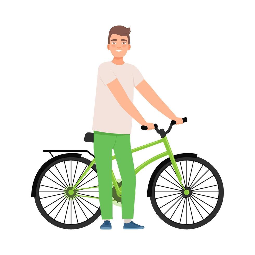 Man stands next to a bicycle. illustration. vector