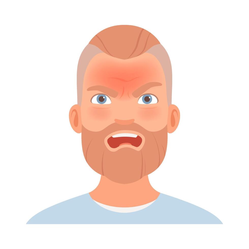 Strong anger on the face of a man with a beard. illustration. vector