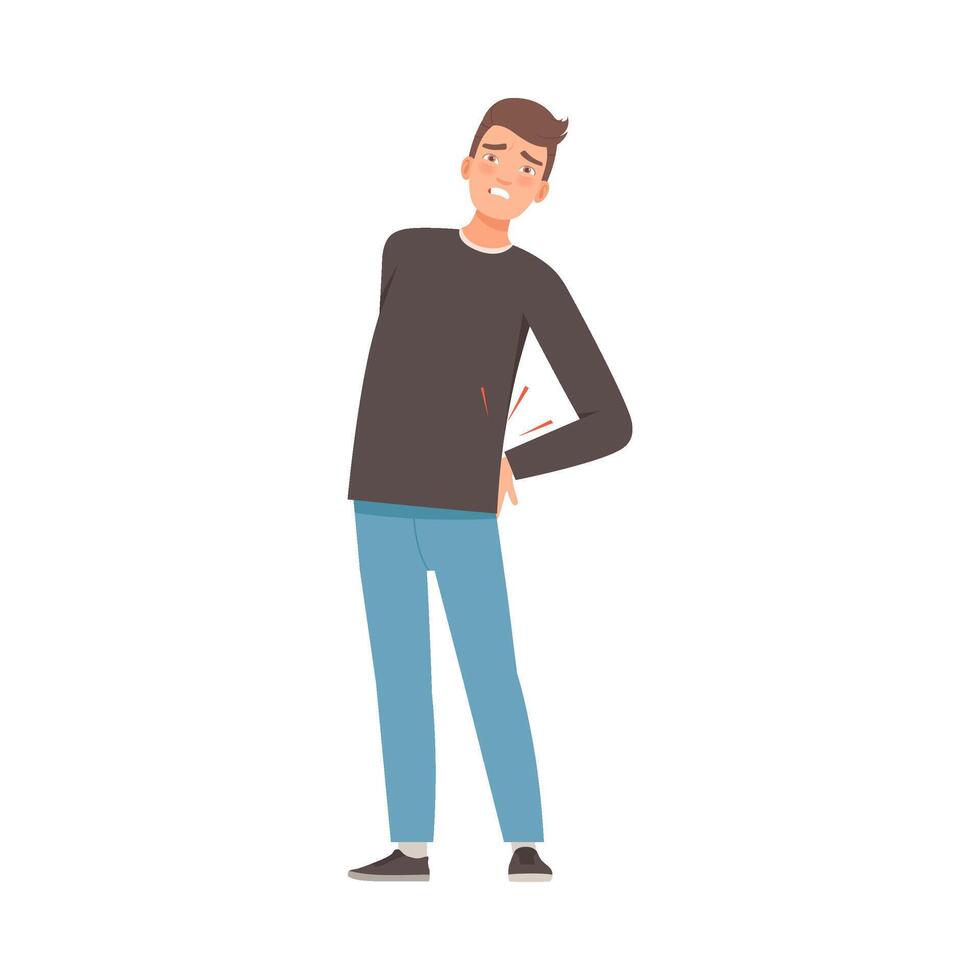 Brunette man holds on to a sore lower back. illustration. vector