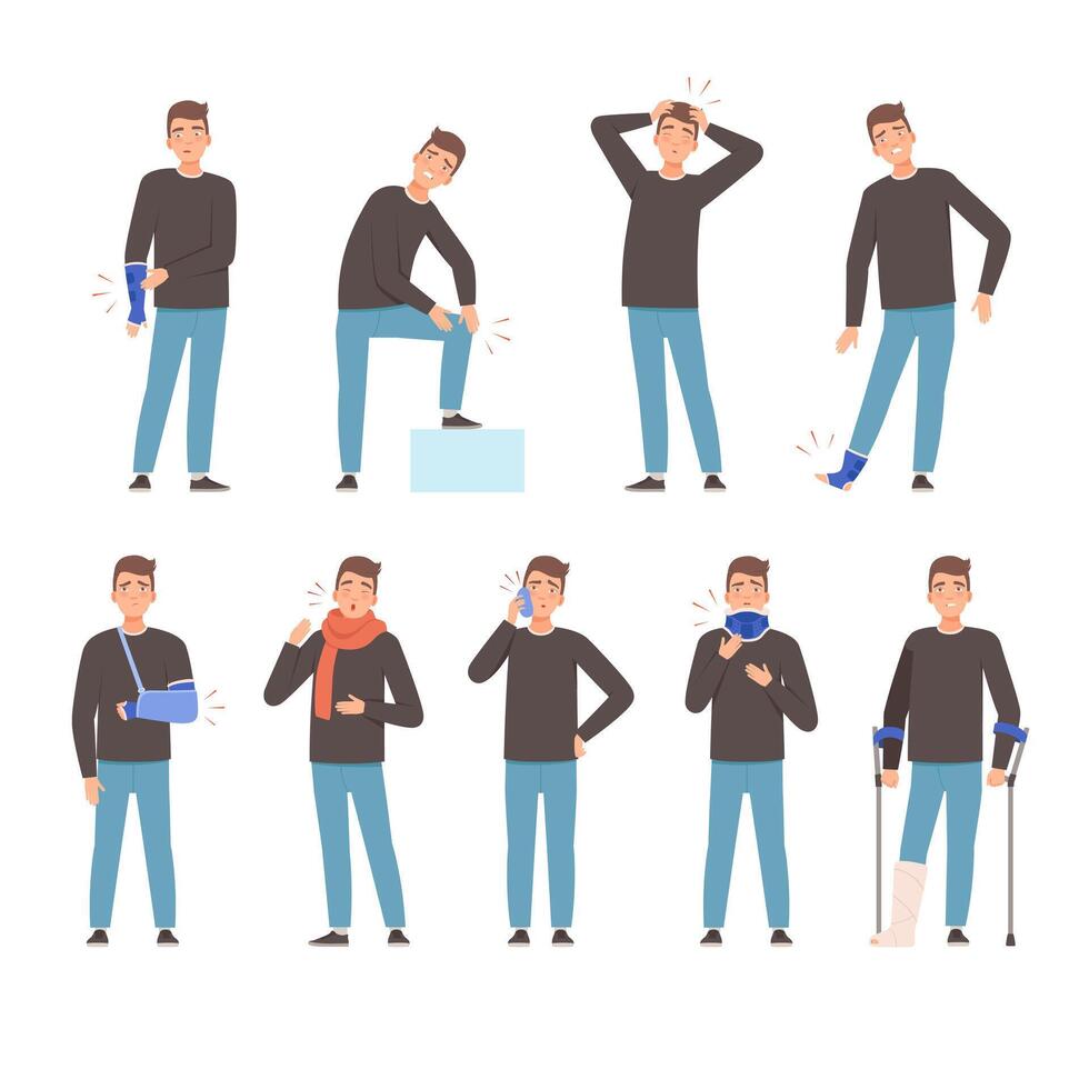 Man with bandages on sore spots. illustration on a white background. vector