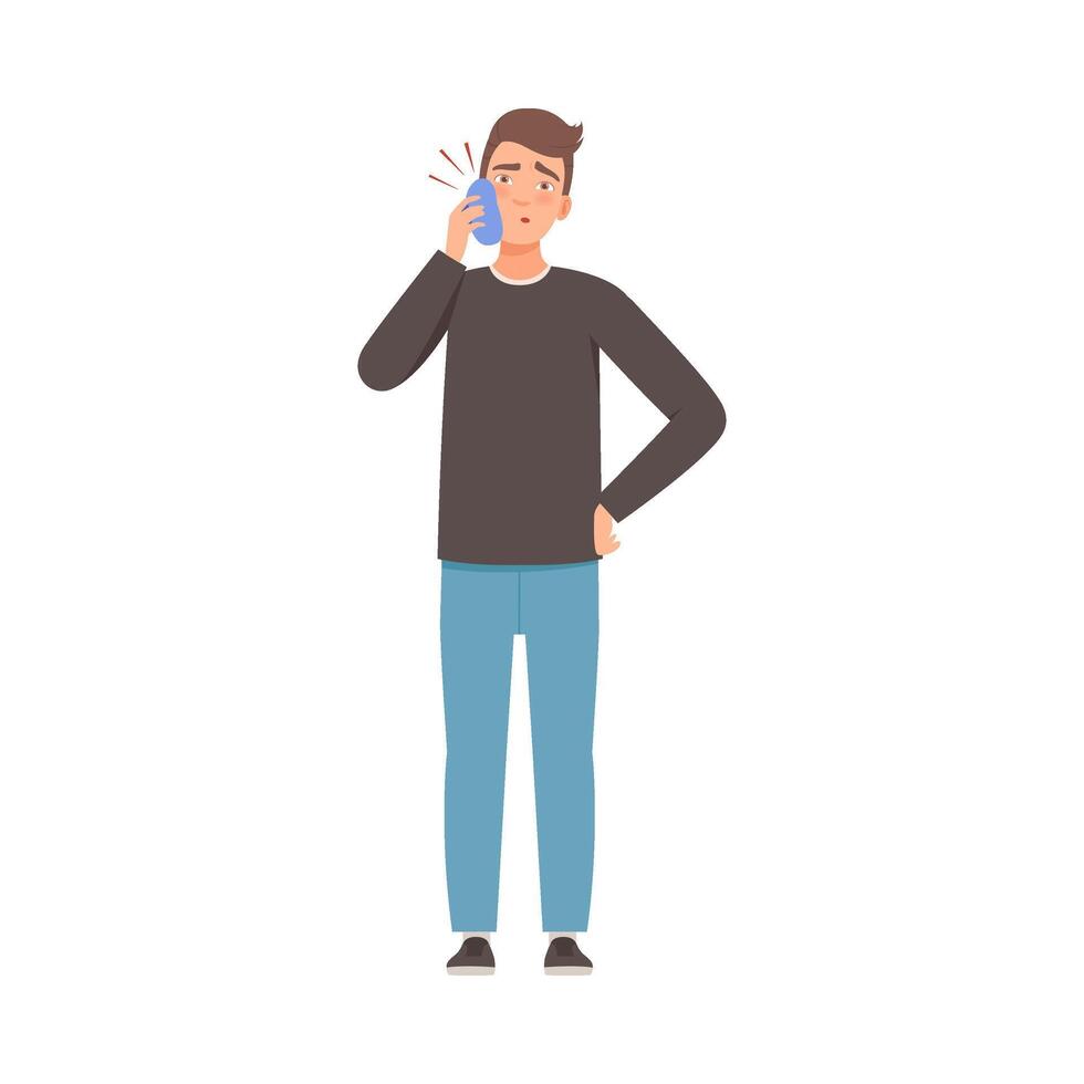 Brunette man holds a cold on a sore cheek. illustration. vector