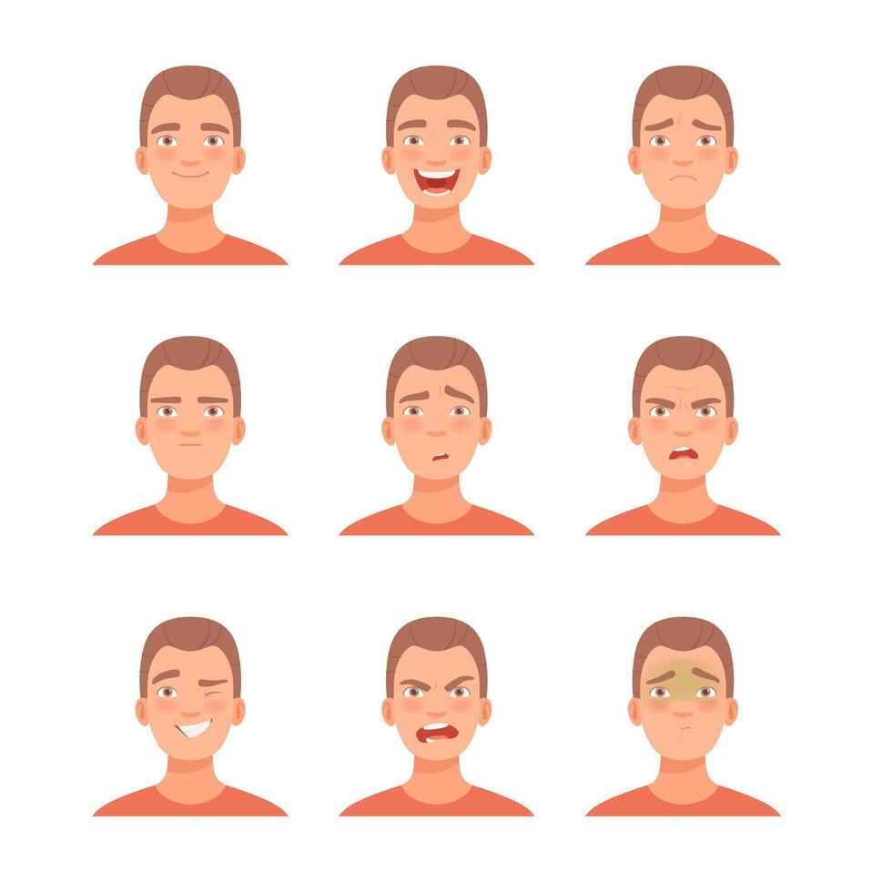 Set of male facial emotions. illustration in cartoon style vector