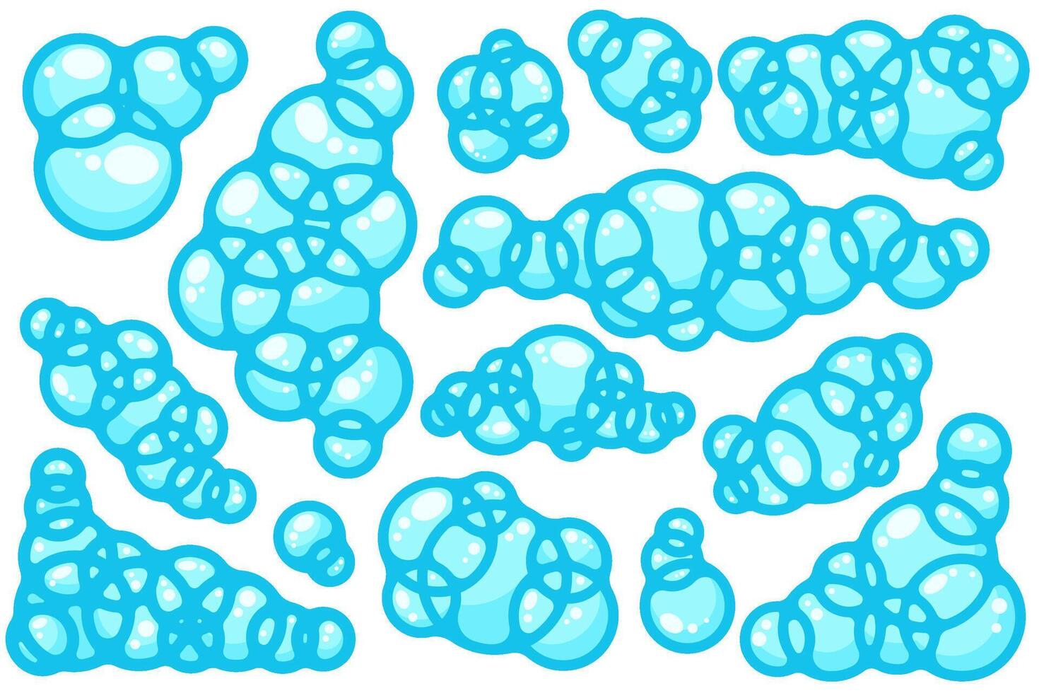 Soap foam bubbles. Cartoon bath suds clouds. Illustration of blue flat elements isolated on white backgrounds. Liquid shapes of shower gel, shampoo and splashes of detergent vector