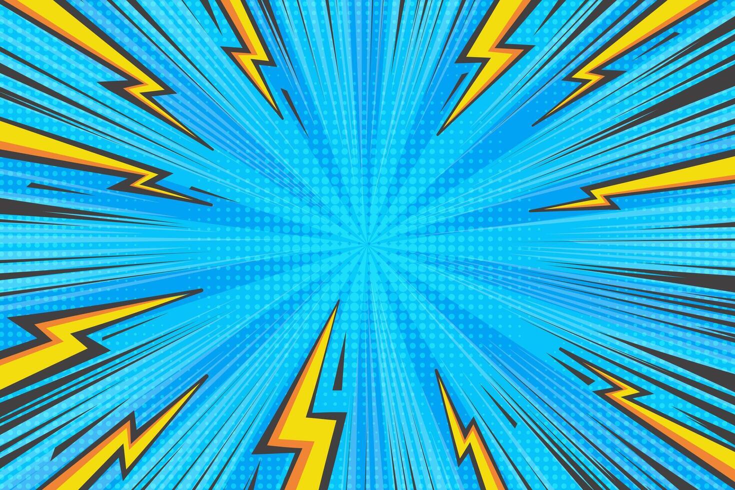Comic cartoon thunder power background. Pop art abstract graphic with lightnings and light burst. Manga book illustration with explosion and halftone effect. Speed lines radial rays anime frame vector